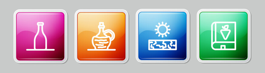 Set line Bottle of wine, Wine italian fiasco bottle, Drought and Book about grapes. Colorful square button. Vector