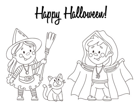 Happy Halloween coloring page With a boy, girl and cat