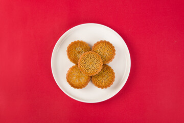Mid-Autumn Festival food moon cake on red background