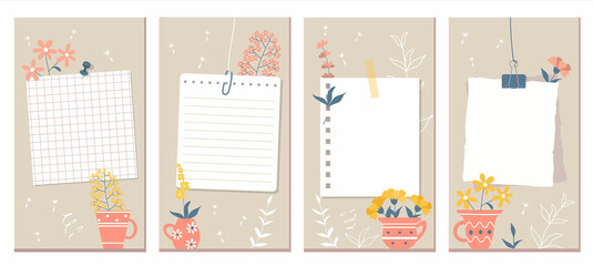 Social Media Stories Layout Set. Flowers, pink mugs and contours of plants on a beige background. White pages of different notebooks pinned or taped to the wall. Vector illustration, flat style.