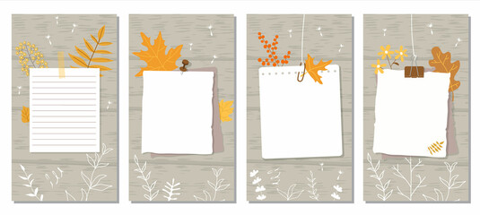 Social Media Stories Layout Set. Yellow flowers and leaves, white contours of plants on a grey wood texture background. Pages of different notebooks pinned or taped to the wall. Vector illustration