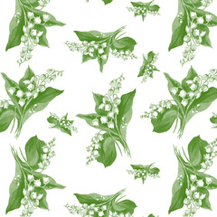Lily of the valley bouquets watercolor isolated on white background seamless pattern for all prints.