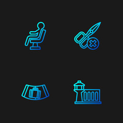 Set line Airport control tower, Conveyor belt with suitcase, Human waiting in airport terminal and No scissors. Gradient color icons. Vector