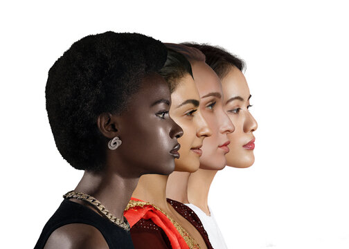 Caucasian Woman, African American, Asian Woman And Indian Women Profile Portrait Isolated On White Background. Diverse Nations Equality. Multiple Different Races Female Friendship Concept.