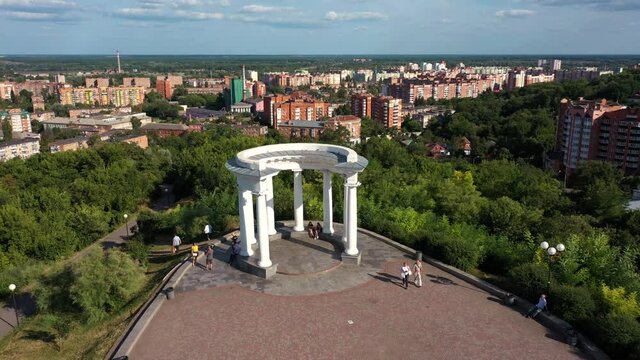 aerial view to White rotunda in Poltava city with cityscape
