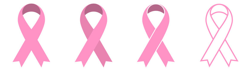 Pink ribbon icons set. Breast cancer awareness ribbon. Women cancer awareness symbol. Flat and outline style - obrazy, fototapety, plakaty