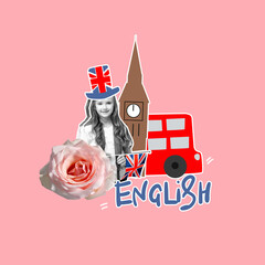 Collage of modern art girl with an English flag and a bus and Big Ben. Concept of education,...