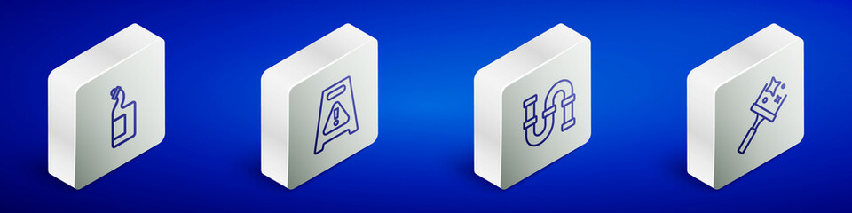 Set Isometric line Dishwashing liquid bottle, Wet floor, Industry metallic pipe and Rubber cleaner for windows icon. Vector