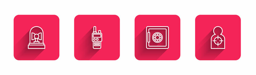 Set line Flasher siren, Walkie talkie, Safe and Human target sport for shooting with long shadow. Red square button. Vector