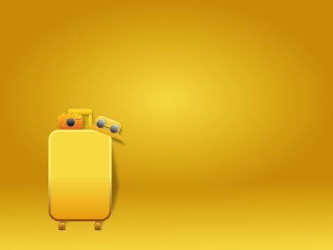 3D vacation bag isolated on yellow background with cap, bag, and goggles. 3d background.