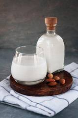 Organic white almond milk on gray background