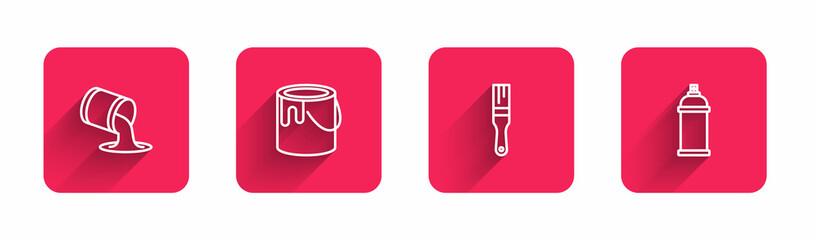 Set line Paint bucket, brush and spray can with long shadow. Red square button. Vector