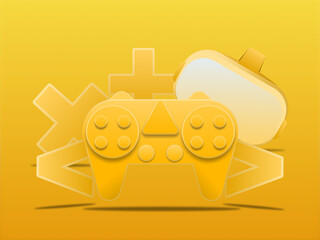 3D gaming console with VR, gaming sign, isolated on yellow background with shadow.