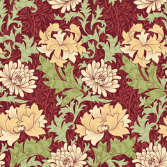 Floral seamless pattern with big flowers on burgundy background. Vector illustration. - 456934112