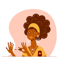 Cartoon modern african woman paints her nails.