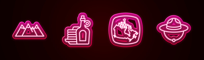 Set line Mountains, Syrup with pancakes, Canada map and Canadian ranger hat. Glowing neon icon. Vector