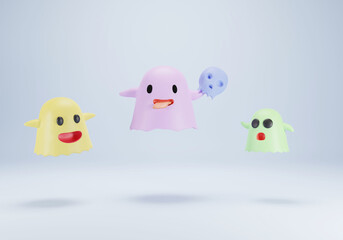 3D rendering cute halloween ghosts and skull