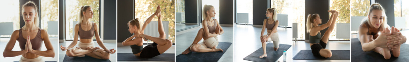 Composite image of shots of young slim sportive girl in sportswear doing yoga exercises on mat at...