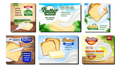 Butter Creative Promotional Posters Set Vector. Butter Block And Blank Packages, Knife Kitchenware And Milk Splash, Sandwich Toast And Leaves Advertising Banners. Style Concept Template Illustrations