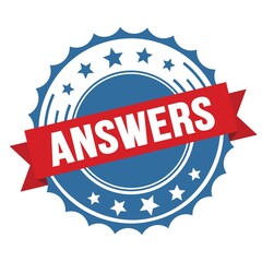 ANSWERS text on red blue ribbon stamp.