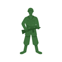 Green toy soldier on white background. Cartoon illustration, vector.