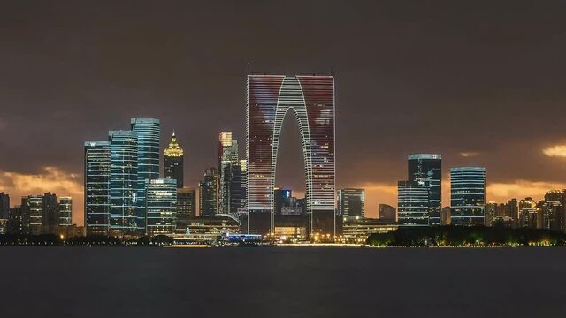 Modern buildings Jinji Lake Olympic Sports, Plaza Kewen Center Suzhou, jiangsu province, China. (time-lapse)