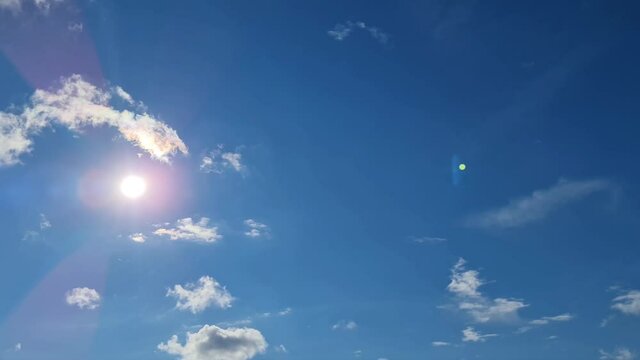 The Blue sky clouds and sun. Sky and sun background.