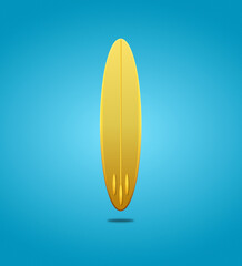 3D yellow surfing board isolated on blue background.