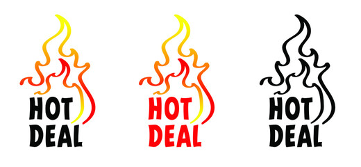 Slogan hot deal ! Cartoon, burning fire or flame pictogram. Flat vector deals logo, Hot sale, price offer deal banner with fire sign. Special tag or badge, business or discount promotion. Fire labels 