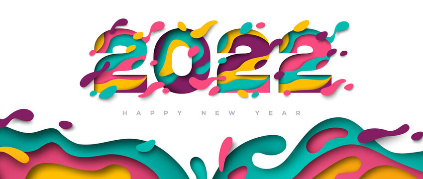 2022 Happy New Year greeting card with 3d abstract paper cut shapes on white background. Vector illustration. Poster design layout for business presentations, flyers, posters and modern invitations.