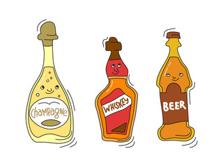 Champagne, beer and whiskey with smile on white background. Cartoon sketch graphic design. Doodle style with black contour line. Cute hand drawn bottle. Party drinks concept. Freehand drawing style