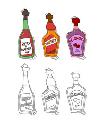 Fototapeta na wymiar Red wine, whiskey, liquor bottle on white background. Two kinds beverage. Cartoon sketch. Doodle style with black contour line. Colored hand drawn object. Party drinks concept. Freehand drawing styl