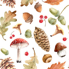 seamless pattern with design of forest plants leaves, cones and mushrooms. hand painted watercolor..