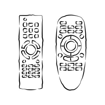 Hand remote control. Multimedia panel with shift buttons. Two types device. Wireless console. Sketch of universal electronic controller. Hand drawn illustration on white background in engraving style