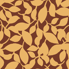 Abstract bold fall leaves repeat pattern in yellow and brown background print. Autumn vector illustration. For kids, autumn parties or home decor projects. Seamless surface pattern design.