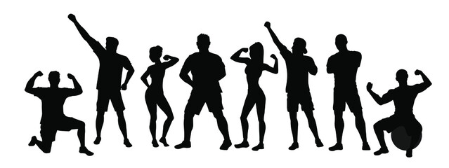 Sporty people silhouette. Sporty and fit friends in gym vector illustration. Man and woman showing muscles.