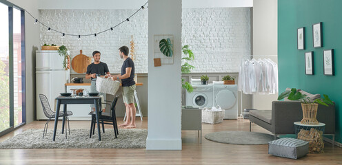 Two men living together, kitchen living room and washing machine laundry interior style, table chair sofa home design.
