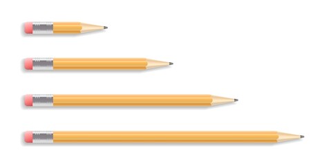 Set of four realistic drawing pencils with rubber isolated on white background