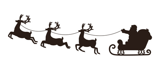 Silhouette of Santa Claus riding in a sleigh pulled by reindeer.  Christmas vector illustration.