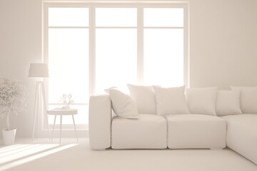 Mock up of stylish room in white color with sofa. Scandinavian interior design. 3D illustration