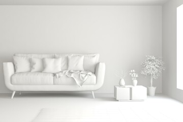 Mock up of minimalist living room in white color with sofa. Scandinavian interior design. 3D illustration