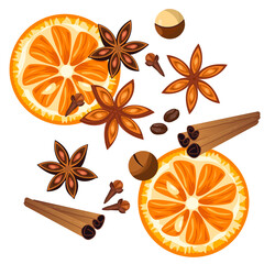 A set of spices and a slice of orange, macadamia nuts. Vector drawing by hand, the finished image in a flat style.