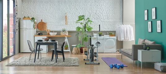 Sport room interior style with washing machine background style.