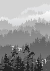 mountain landscape with pine forest, vector illustration, black and white 