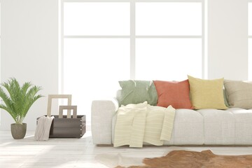 White living room with sofa. Scandinavian interior design. 3D illustration