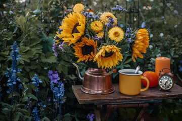 Autumn decor with sunflowers