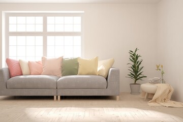 White living room with sofa. Scandinavian interior design. 3D illustration
