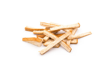 Bread crumbs or dried breadcrumbs on a white background