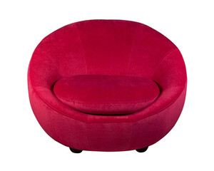 Soft round armchair upholstered in red plain fabric, isolated on white background. Front view.