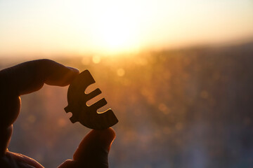 man's hand hold the Euro icon silhouette against sunny blue, yellow sky. sun rays. euro sign, symbol of money, idea of Euro Union
